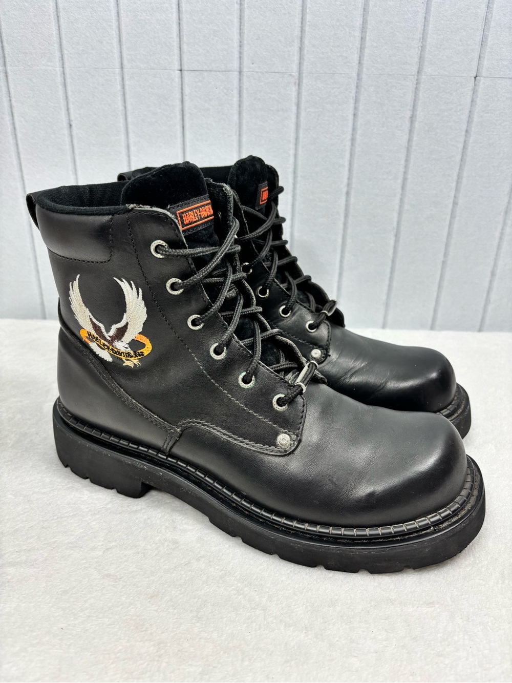 Harley-Davidson Black Leather Lace-Up Work Boots with Embroidered Eagle 10.5